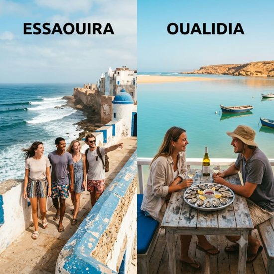 Split rooftop view comparing coastal Morocco Essaouira Oualidia surf, highlighting young travelers on ramparts and a couple dining on oysters in a calm lagoon.