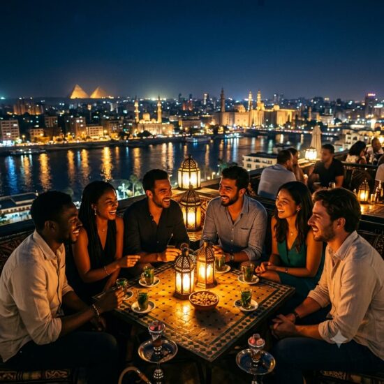 Group of young travelers enjoying tea on a Zamalek rooftop highlighting epic things to do Cairo night skyline.
