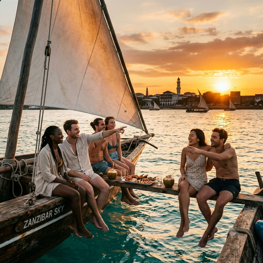 Travelers enjoying drinks on a traditional sailing boat highlighting Zanzibar group trip 2027 beaches and sunsets.