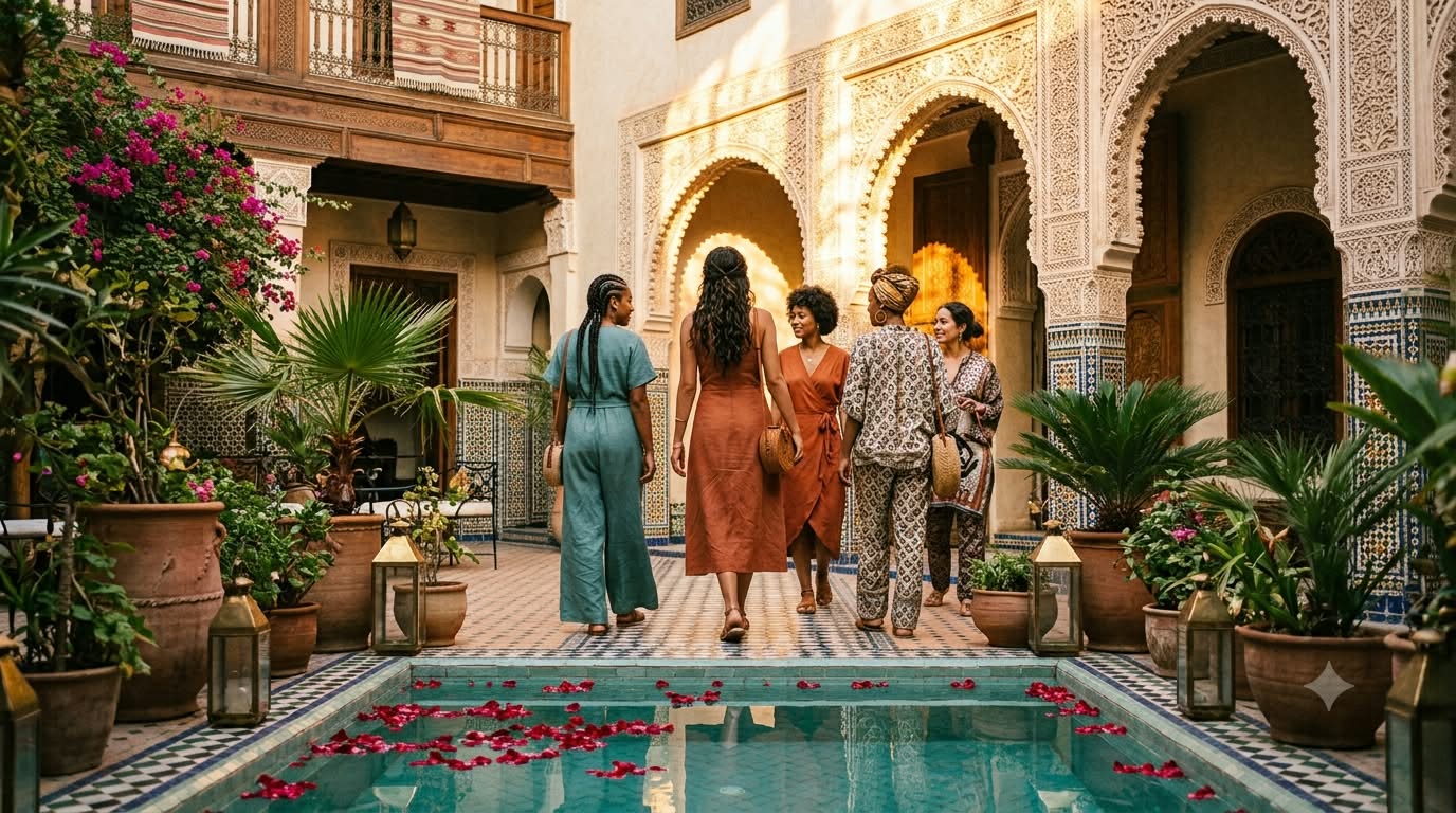 Five young women exploring a sunlit Moroccan riad courtyard during an affordable Africa group trip.