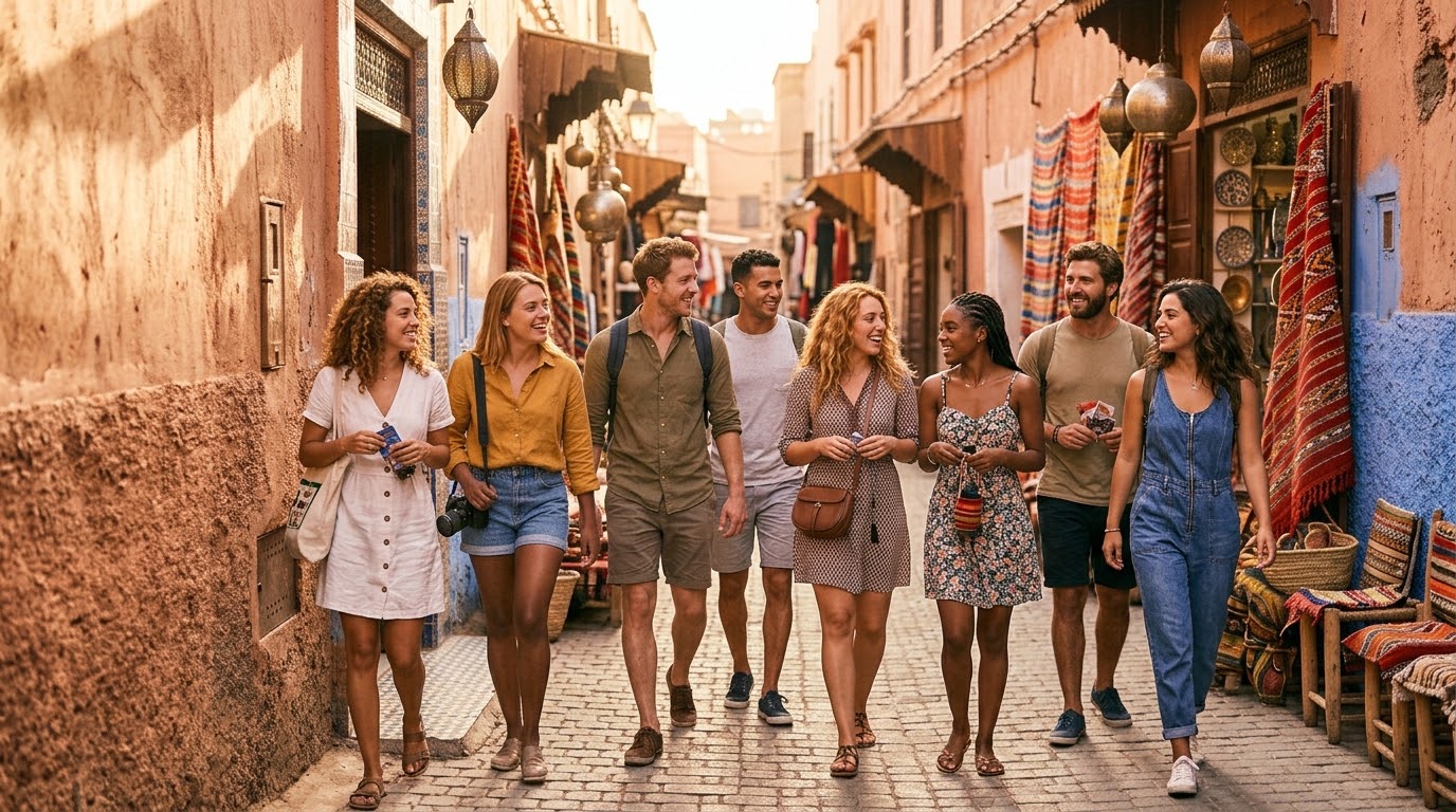 A group of happy friends walking down a narrow street in a traditional Moroccan medina, illustrating affordable Africa group trips.