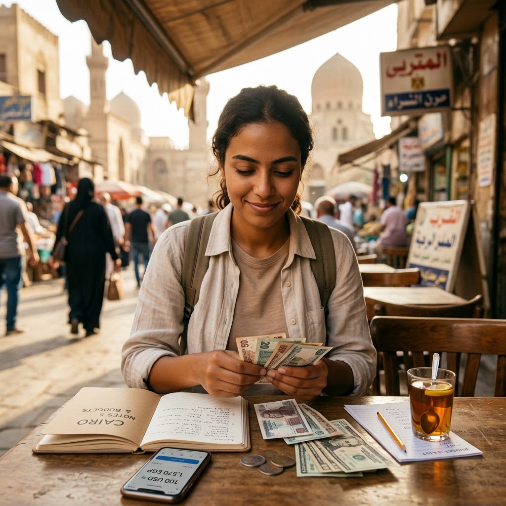 A female traveler sitting at a street cafe in old Cairo, using a currency app and notebook to figure out how much cash for Egypt tipping is needed for the day.