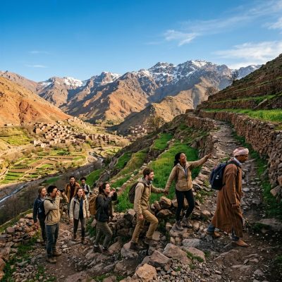 A diverse group of friends enjoying a trekking experience with their local Atlas Mountains hiking guide from Marrakech along a terraced mountain path.