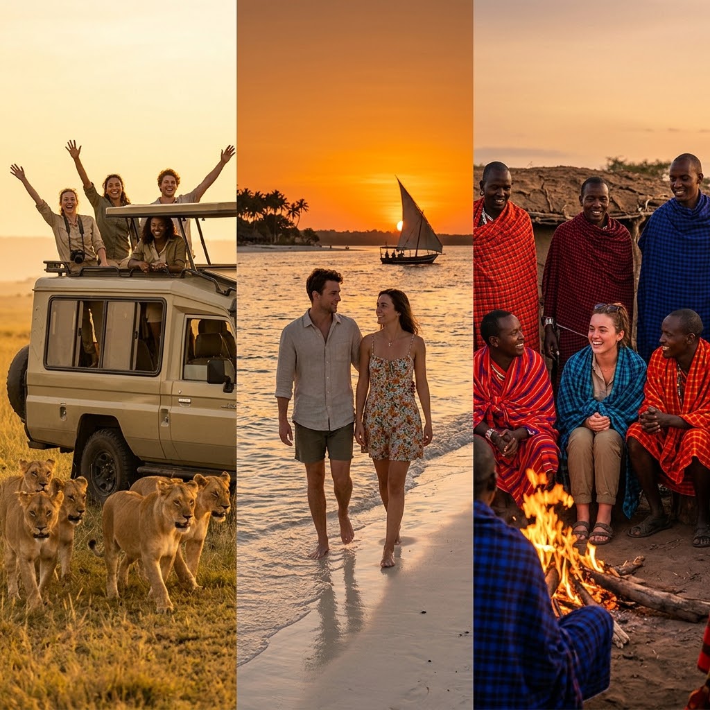 A diverse triptych image showcasing the highlights of a Kenya group trip 2027 safari, with scenes of game drives, beach relaxation, and Maasai cultural engagement.