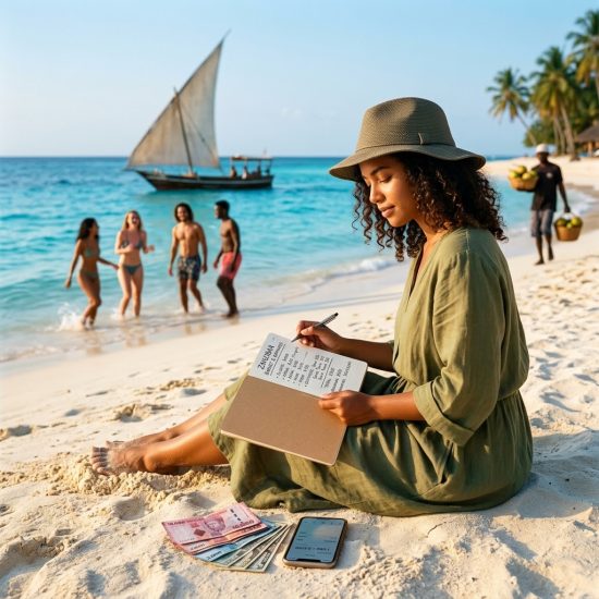 A young female traveler sitting on a white sand beach organizing her expenses with a notebook and cash, planning her Zanzibar trip cost 2027 budget.